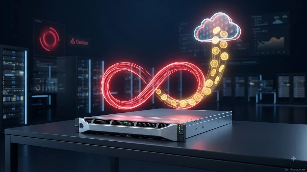 A glowing digital server rack with a circular, repeating red data loop representing a runaway AI token burn.