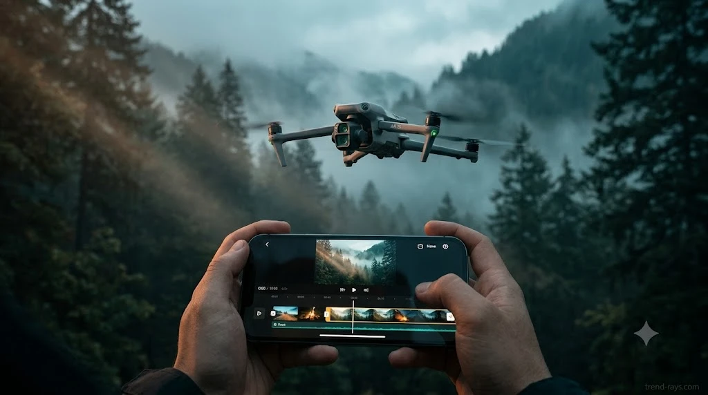 DJI Air 3S drone hovering in a dramatic mountain landscape while a creator edits 4K 10-bit H.265 video on a smartphone using CapCut.