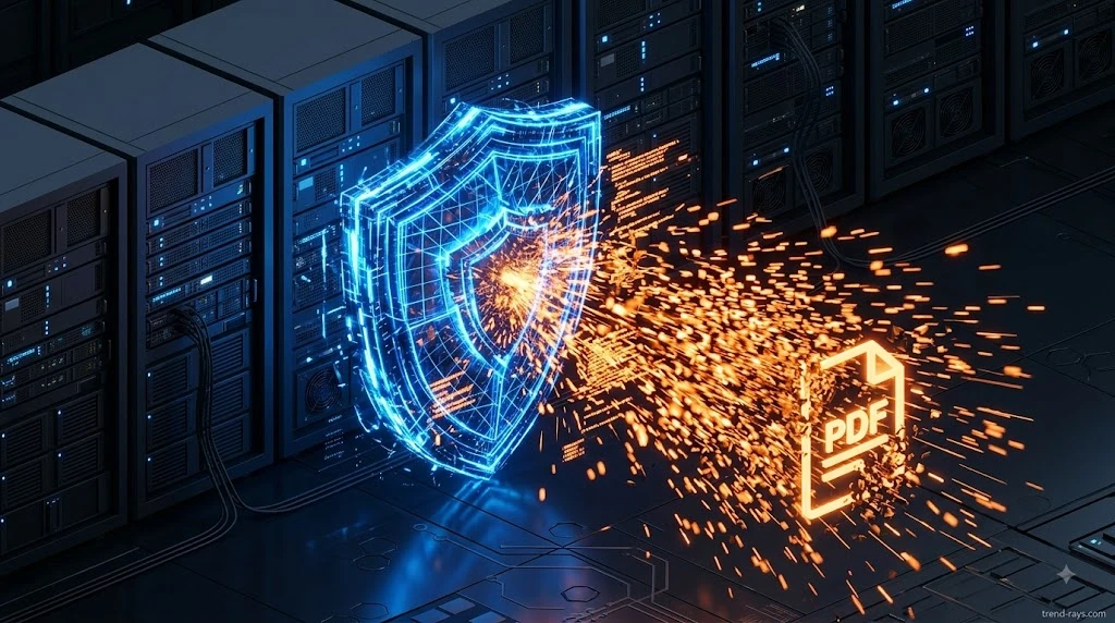 Resume Poisoning: How Fake PDFs Are Corrupting Small HR Agency AI Workflows 2 3D isometric corporate dashboard displaying a security firewall blocking malicious code inside a PDF document.