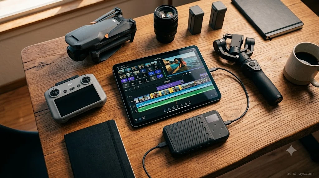 DaVinci Resolve for iPad vs. LumaFusion: The 10-Bit Drone Workflow Showdown (2026) 2 A clean, cinematic top-down view of a professional videography workspace on a wooden table. The layout includes a DJI drone, a rugged portable SSD, and an iPad displaying a colorful video editing timeline. Completely exclude all human faces, hands, or bodies from the frame.