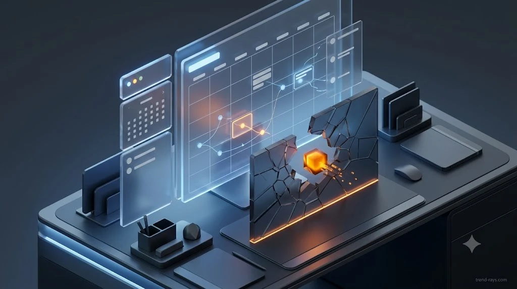 3D isometric diagram of an uninvited digital AI node penetrating a secure calendar meeting room network.