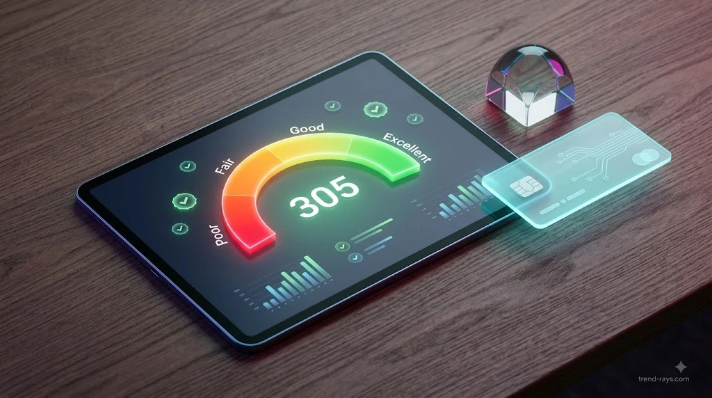 3D digital credit score gauge and analytics dashboard showing eligibility metrics on a tablet screen.