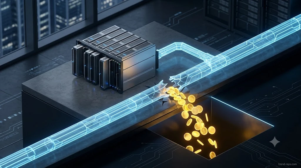 Abstract 3D isometric visualization of a SaaS server dropping glowing digital coins because of a broken API pipeline.