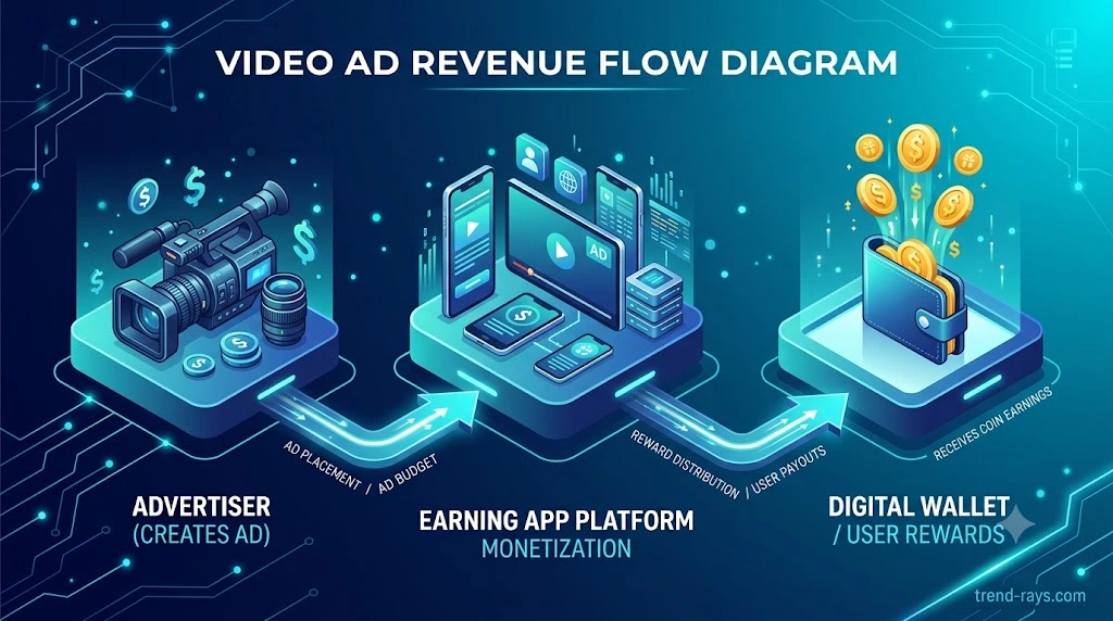 10 Legit Apps That Pay for Watching Videos in India (2026) 2 "A clean, modern 16:9 widescreen infographic diagram illustrating the video ad revenue flow. Three distinct 3D vector blocks connected by glowing directional arrows: Block 1 with an Advertiser video camera icon, Block 2 representing an Earning App Platform, and Block 3 showing a Digital Wallet receiving coin rewards. Deep navy blue and vibrant cyan background, sleek isometric 3D icons, clean text layout, strictly no human faces or human figures, subtle watermark 'trend-rays.com' in the bottom corner."