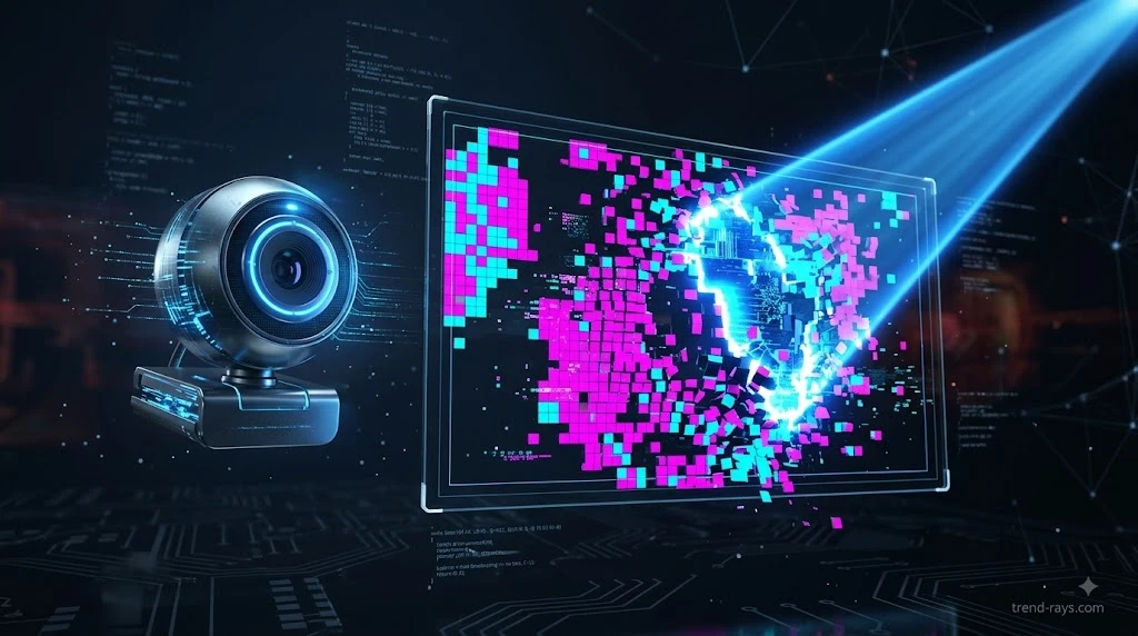The "Client Voice Note" Scam: How Freelance Agencies Are Losing Lakhs to Deepfake Payment Phishing 2 A glowing digital security shield scanning a fractured, glitching video frame.