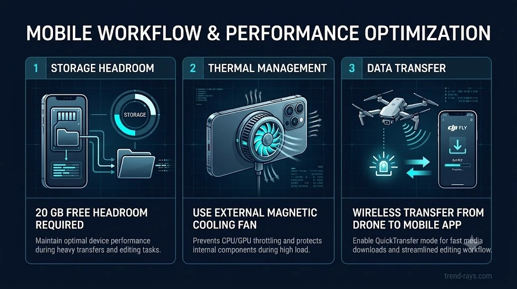 Infographic checklist showing 20GB free storage requirement and cooling techniques for editing 4K drone footage on smartphones.