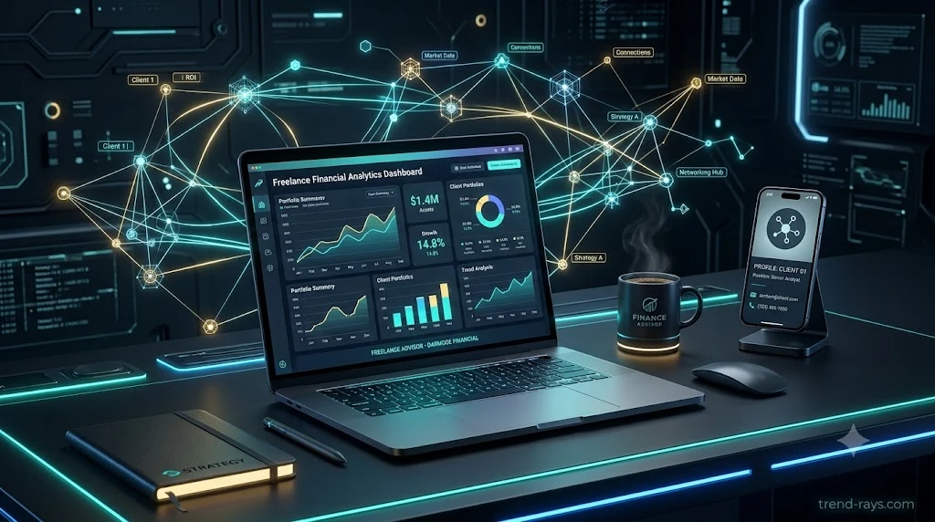 8 Best Financial Affiliate Apps in India: Earn ₹50k/Month Selling Financial Products 2 A sleek 16:9 3D illustration of a modern digital workspace setup for a freelance financial advisor. A glowing laptop screen showing financial analytics, a smartphone with a digital visiting card, a coffee cup, and floating digital network nodes representing client connections. Cyber-professional aesthetic, dark mode styling, strictly no human figures, watermark 'trend-rays.com' in the corner.