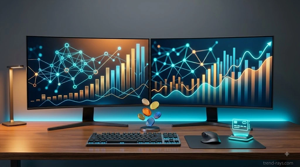 Abstract 3D workspace with dual monitors displaying financial charts on a wooden desk.