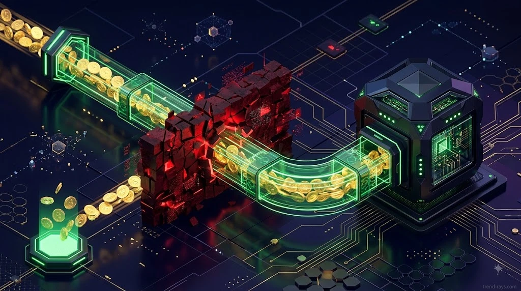 Abstract 3D visualization of digital coins bypassing a red security barrier through a secure green tunnel.