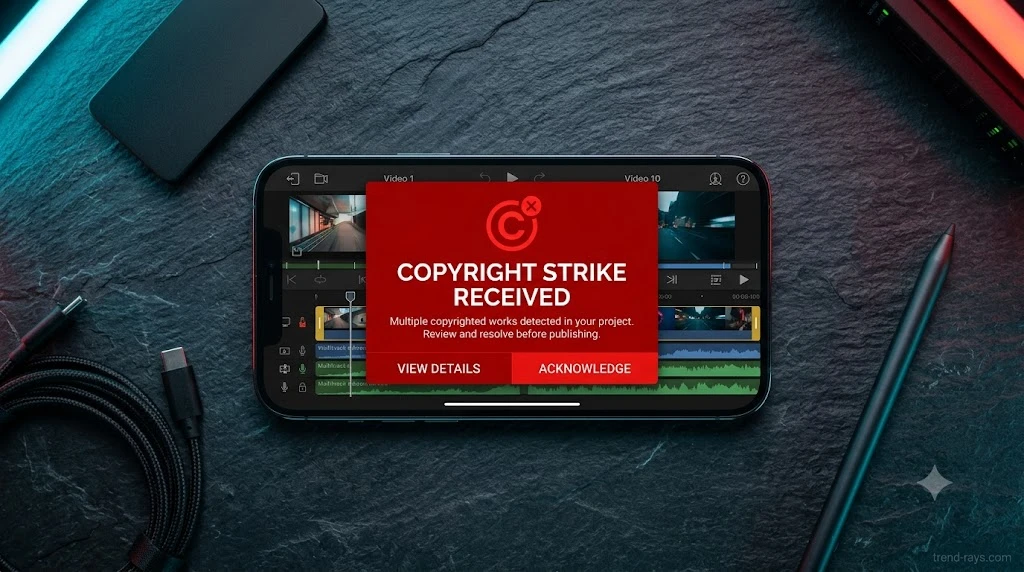 A cinematic, high-tech flat lay of a sleek smartphone resting on a dark slate desk. The phone screen displays a bright red copyright strike warning overlaid on a video editing timeline. Clean, professional B2B SaaS aesthetic. Completely exclude all human faces, bodies, or hands from the frame. Cinematic lighting with subtle red and cyan accents.