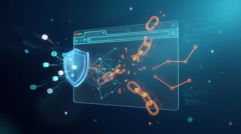 Abstract 3D visualization of broken digital tracking link nodes and a browser shield icon.