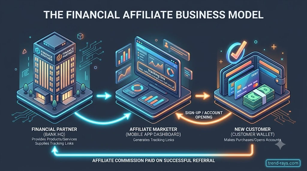 8 Best Financial Affiliate Apps in India: Earn ₹50k/Month Selling Financial Products 1 A clean 16:9 infographic diagram showing the financial affiliate business model. Three 3D isometric blocks: Block 1 is a 'Bank HQ' building, Block 2 is a 'Mobile App Dashboard' with a tracking link, Block 3 is a 'Happy Customer Wallet'. Glowing arrows connect them showing the flow of commission. Dark slate background, vibrant neon blue and orange accents, strictly no human faces, watermark 'trend-rays.com' in the bottom right.