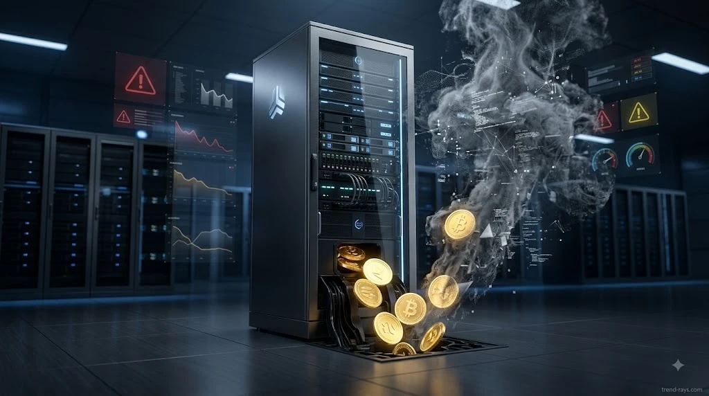 Abstract 3D visualization of digital coins draining out of a corporate server through invisible leaks.