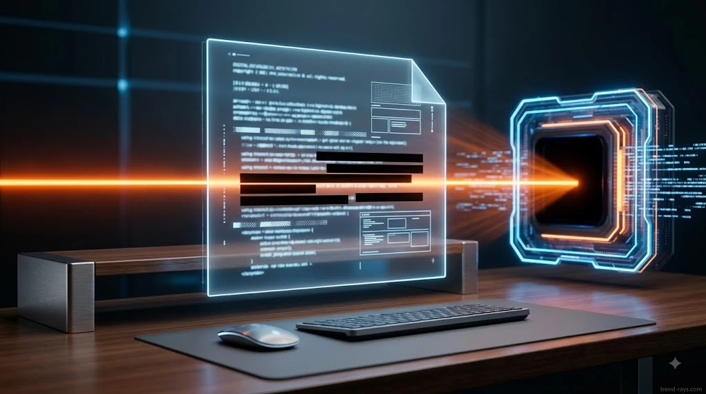 How Small Businesses and Agencies Can Secure Client Data Using AI (2026 Guide) 2 A physical office desk with a digital document being scanned and redacted by an abstract laser.