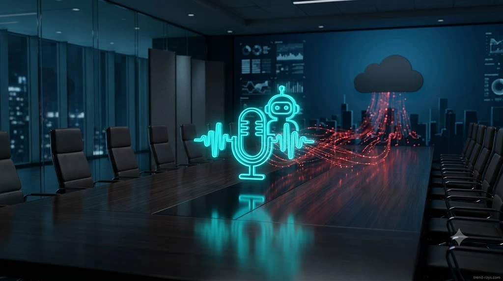 A glowing 3D digital audio bot icon listening on a modern conference desk with data leaking into an unsecure cloud.