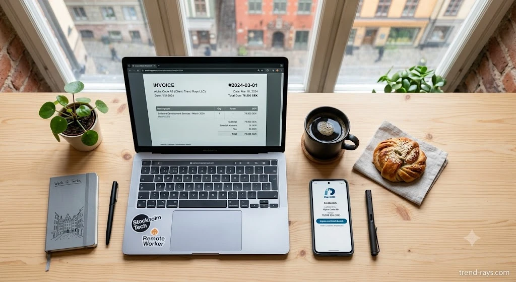 Expat freelancer laptop displaying English invoicing software for Swedish clients.