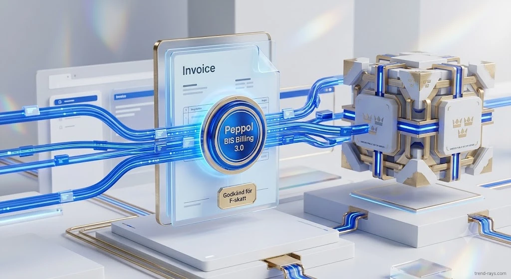 3D concept of Swedish Peppol BIS 3.0 e-invoicing and mandatory F-skatt certification.