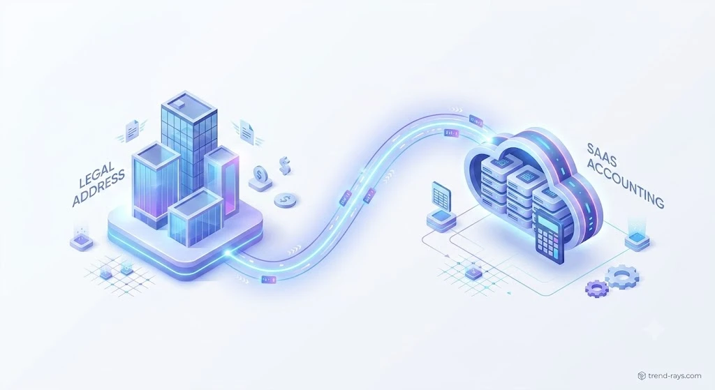 3D illustration showing the connection between an Estonian legal address and cloud accounting software.