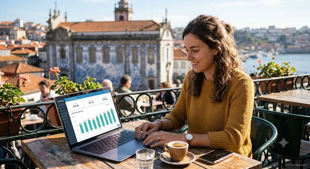 Best English Invoicing Software for Portugal’s Recibos Verdes (2026) 5 Digital nomad using English cloud accounting software on a terrace in Portugal.