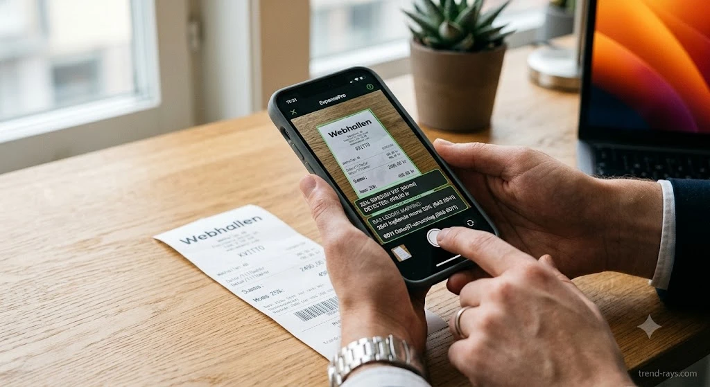 Smartphone using AI receipt recognition for Swedish BAS accounting codes and VAT deduction.