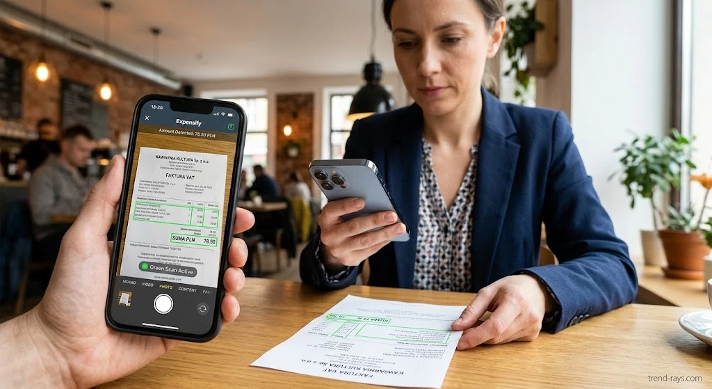 The Ultimate Guide to English Accounting Software for B2B Tech Contractors in Poland (JDG) 4 Contractor using a smartphone app with OCR receipt scanning for Polish tax deduction.