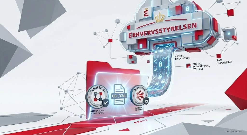 3D digital concept of Danish NemHandel certification and Peppol e-invoicing compliance.