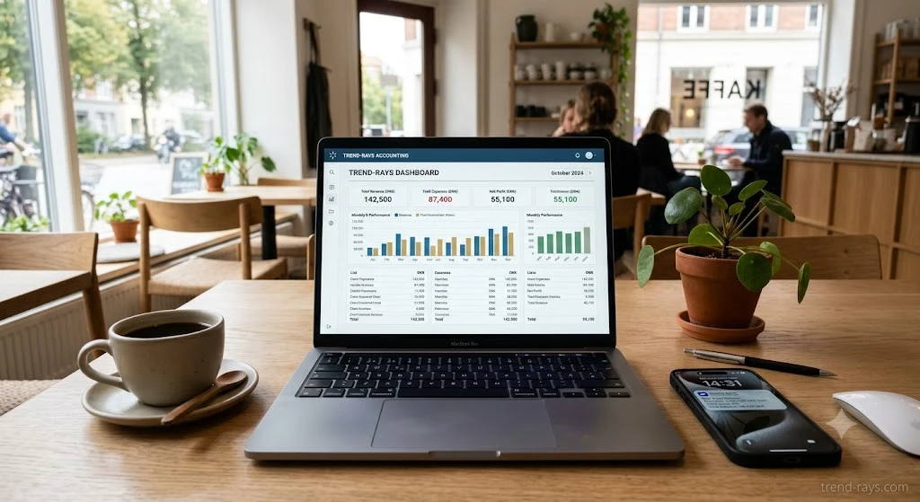 Expat freelancer laptop displaying English invoicing software for Danish clients.