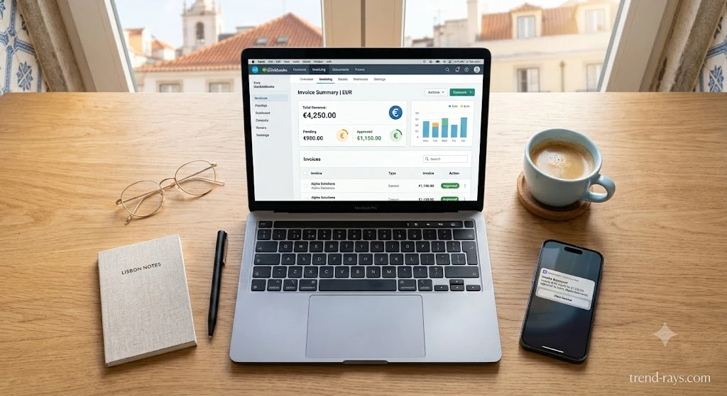 Freelancer laptop setup displaying English invoicing software for Portuguese Recibos Verdes.