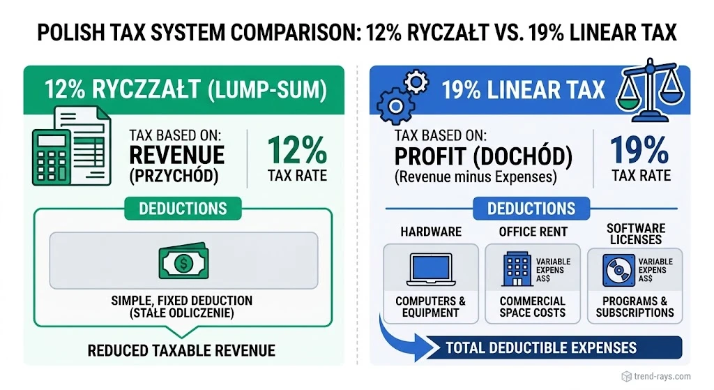 The Ultimate Guide to English Accounting Software for B2B Tech Contractors in Poland (JDG) 3 Visual comparison of Polish Ryczałt lump-sum tax versus 19% Linear income tax for B2B contractors.