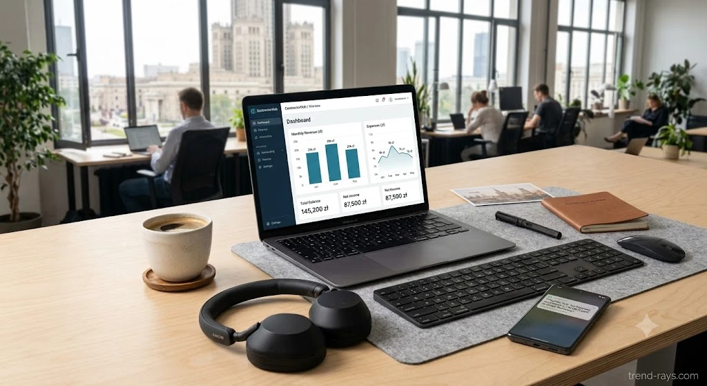 Laptop displaying English cloud accounting software for Polish B2B tech contractors.