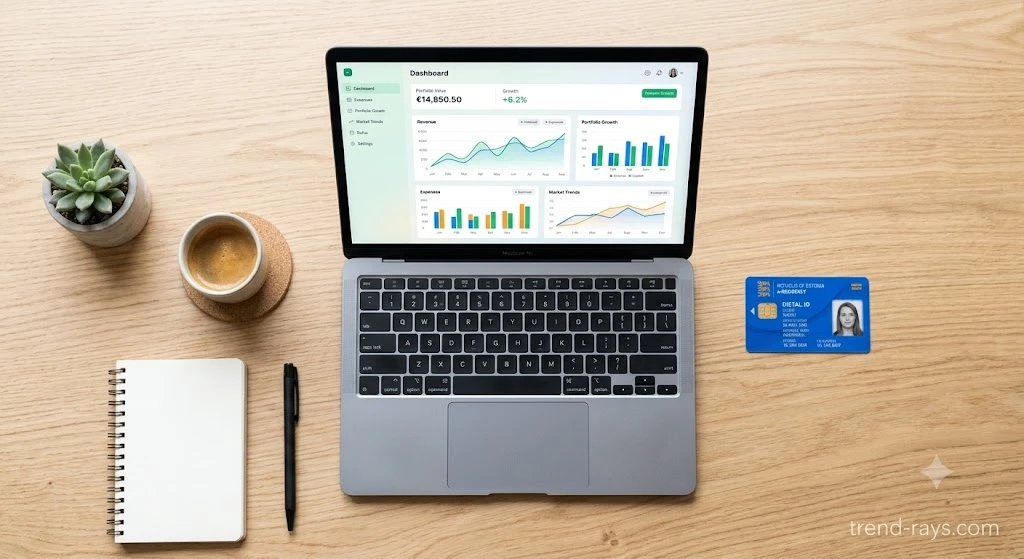 A blue Estonian e-Residency digital ID card next to a laptop on a wooden desk.