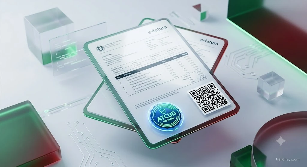 Best English Invoicing Software for Portugal’s Recibos Verdes (2026) 2 Digital illustration showing a certified Portuguese electronic invoice with an ATCUD code and QR verification.